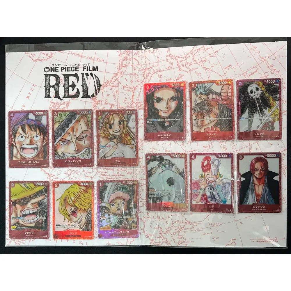Collection of anime character trading cards on a map background with 'One Piece Film Red' branding.