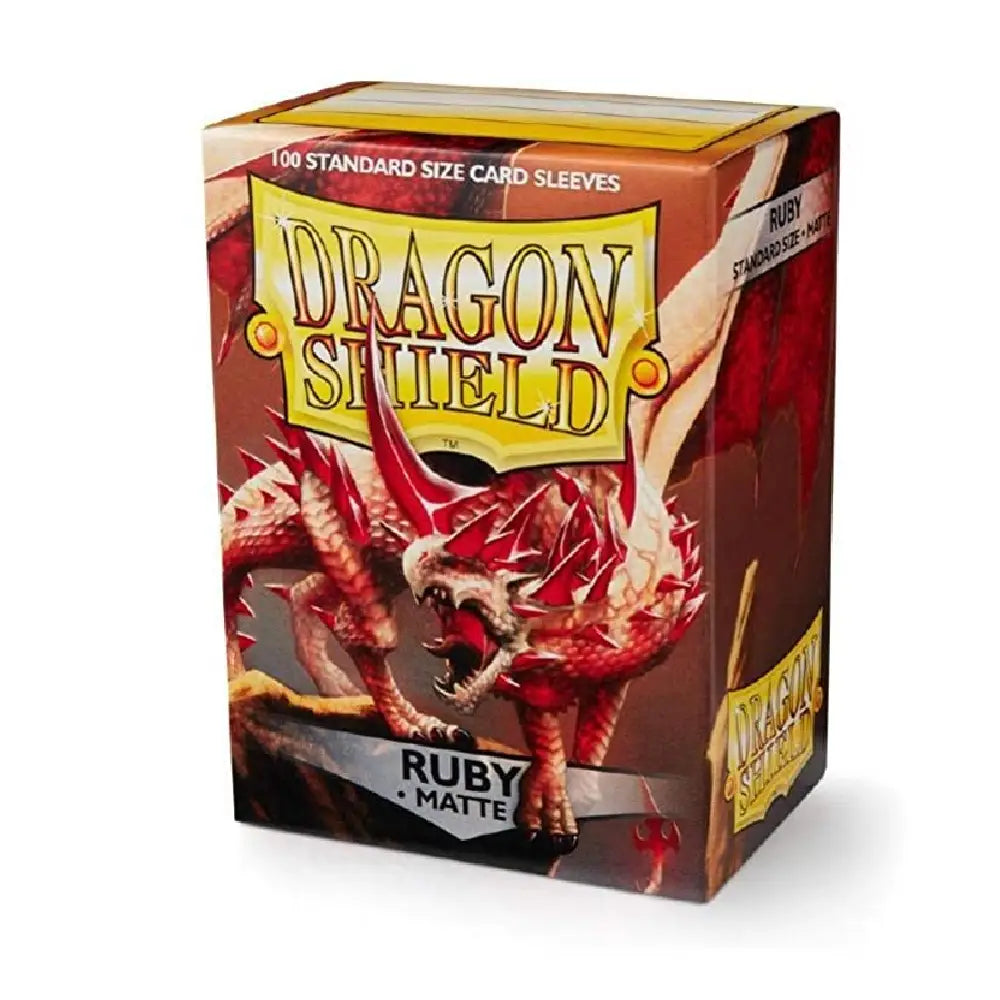Official Dragon Shield Matte Ruby card sleeves in a sturdy cardboard box for standard-sized TCG cards by TCGVault.