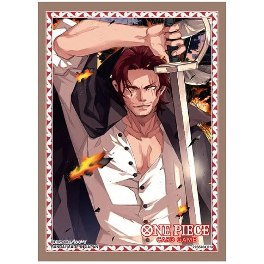 Close-up of licensed One Piece TCG Shanks illustration sleeves showing high-definition artwork of the Four Emperors captain with his sword.