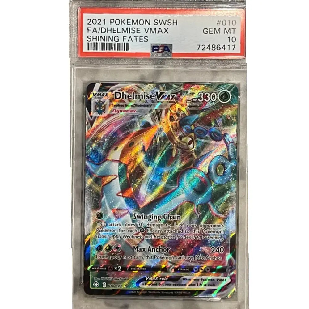 PSA 10 Dhelmise VMAX Full Art #010 Shining Fates Pokémon card graded Gem Mint in PSA slab