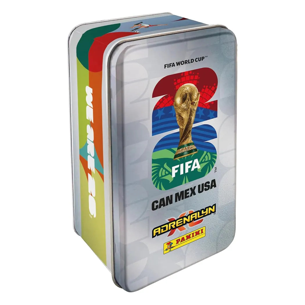 FIFA World Cup-themed metal tin with colorful design and trophy illustration on a white background