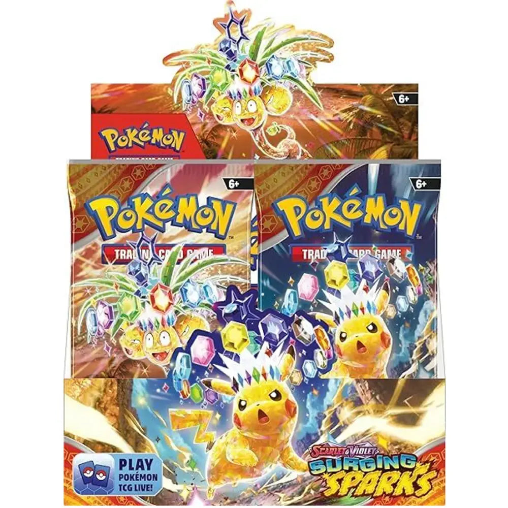 Pokemon TCG Scarlet & Violet Surging Sparks booster pack display featuring Pikachu and Alolan Exeggutor artworks | TCGVault