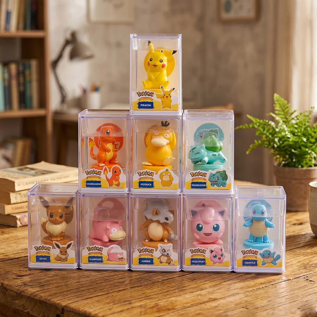 Cute Pokémon anime mini figure collection in transparent acrylic display boxes with Pikachu, Eevee, Jigglypuff, Psyduck, Cubone, and more