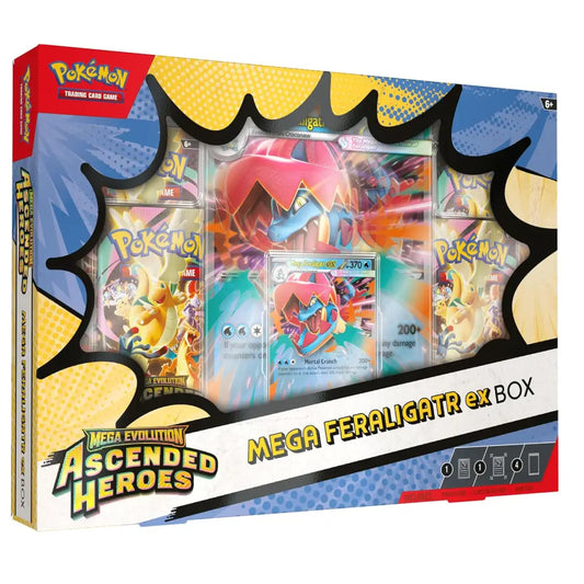 Pokémon trading card game Mega Feraligatr ex box packaging with character images.