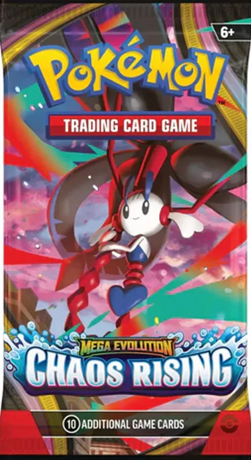 Pokémon Trading Card Game Mega Evolution Chaos Rising packaging with Pokémon character on colorful background