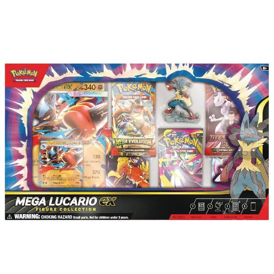 Pokémon Mega Lucario EX Figure Collection packaging with cards and figures on a white background