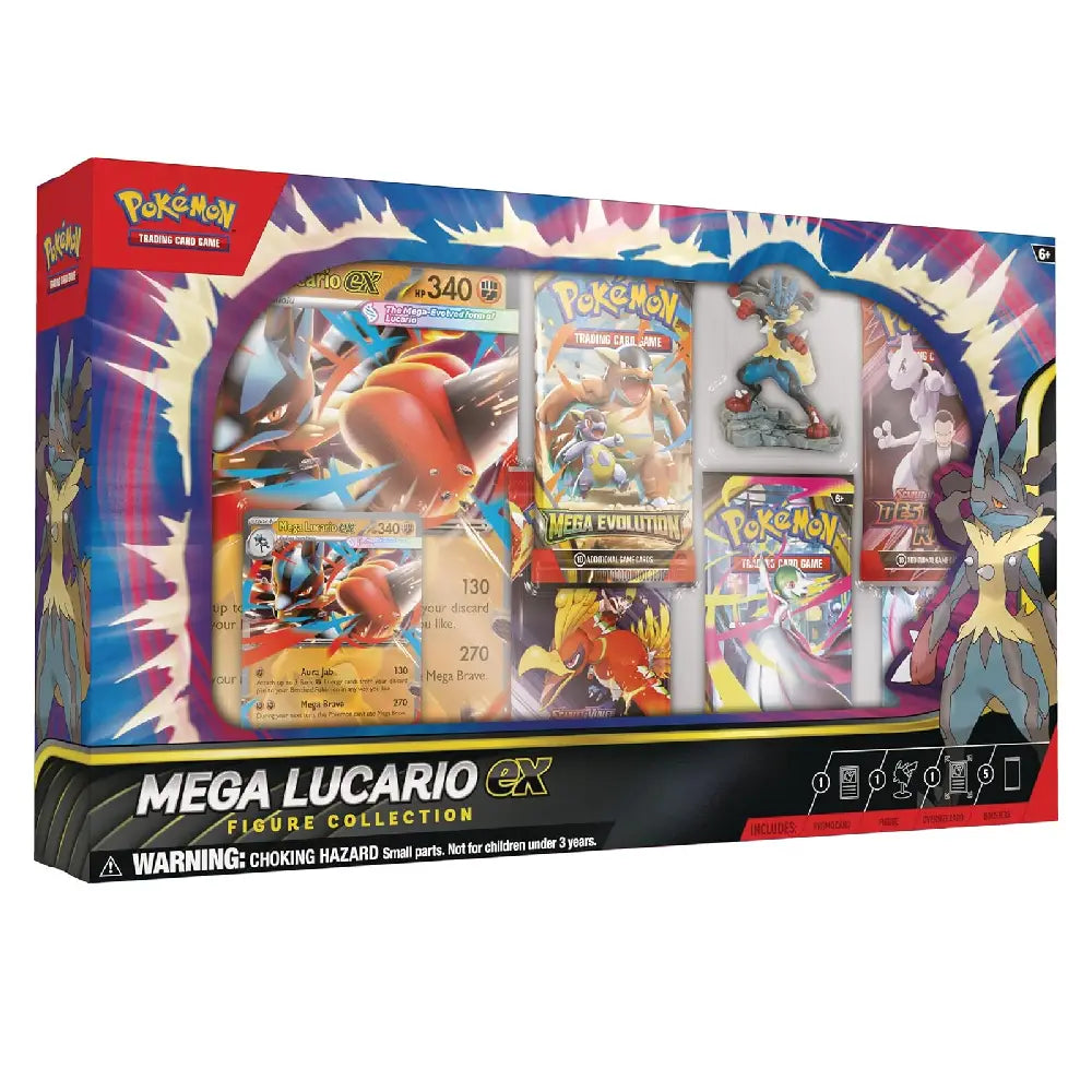 Pokémon Mega Lucario ex figure collection packaging with cards and figures.