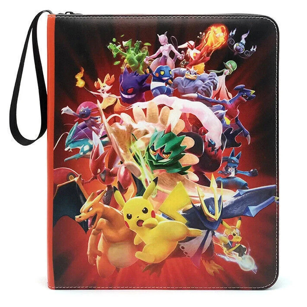 Portfolio case with colorful cartoon characters on a red background