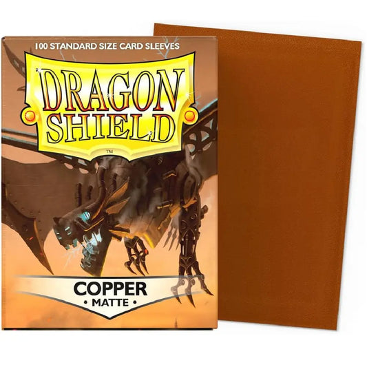 Premium Copper Matte Dragon Shield sleeves showing the textured back and durable box for Pokémon and MTG cards.