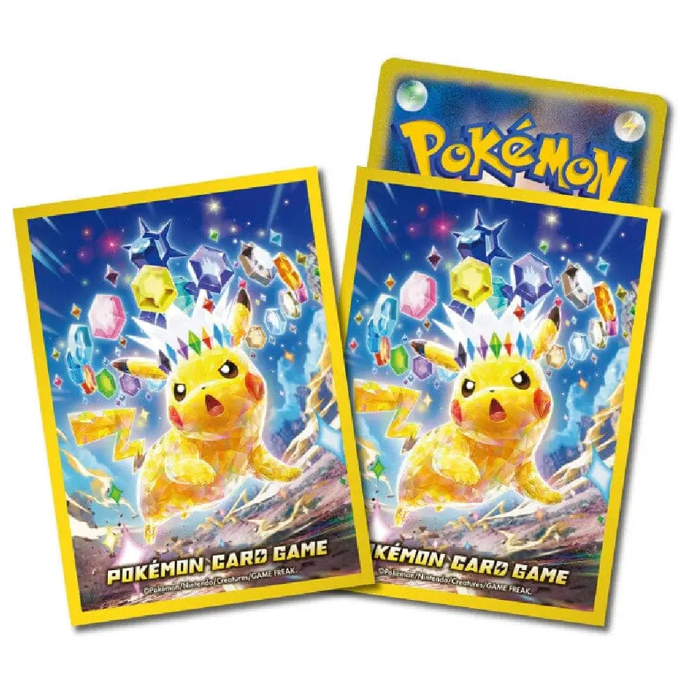 Premium gloss Stellar Pikachu Pokémon TCG deck shields showing the vibrant iridescent artwork for standard-sized trading cards.