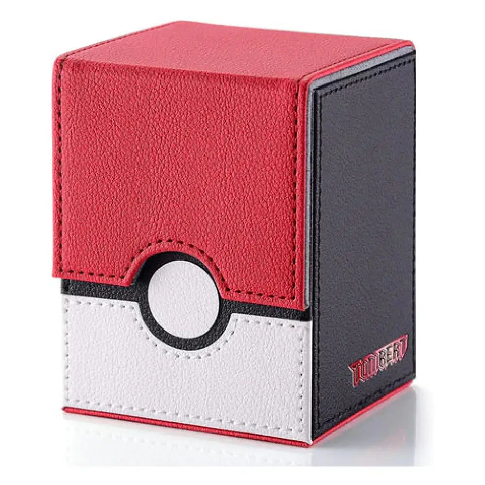Red and white Poké Ball inspired premium trading card storage case with a magnetic closure and durable leather-like finish - TCGVault.
