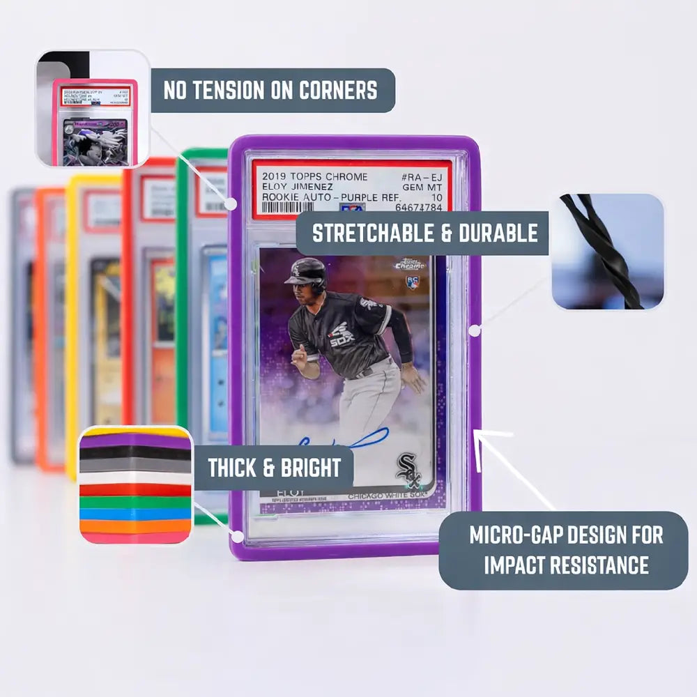Product features of slab bumper guards highlighting no tension on corners, stretchable durable silicone, micro-gap design for impact resistance, and bright color options.