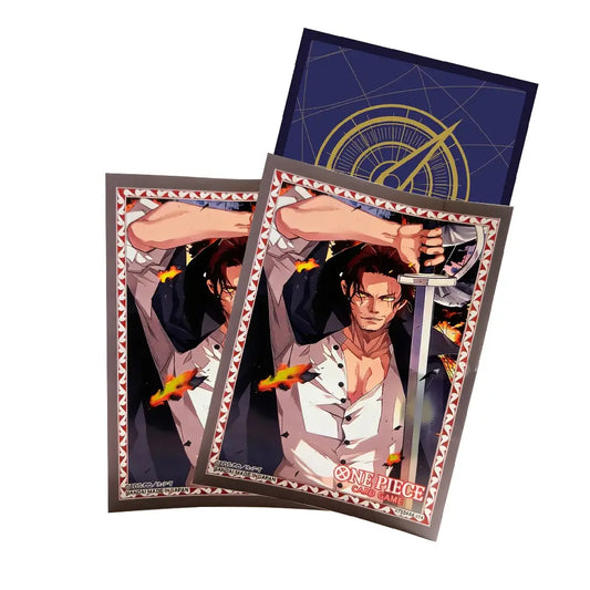 Official One Piece TCG card sleeves featuring Red-Haired Shanks with a decorative wave border and a One Piece Card Game logo by TCGVault.
