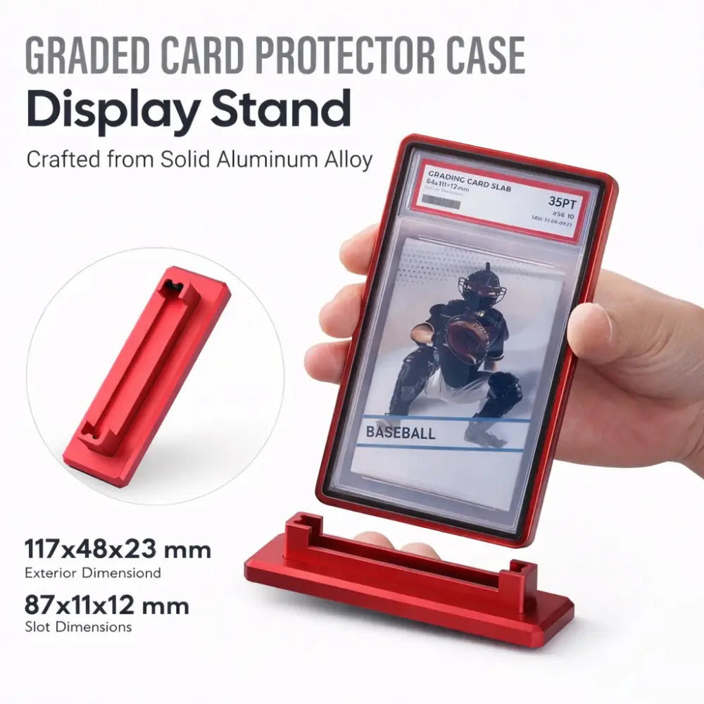 Red solid aluminum alloy graded card protector stand with dimensions 117x48x23 mm, showcasing a 35PT magnetic slab being inserted.