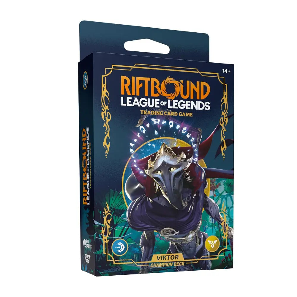 Riftbound League of Legends trading card game box featuring Viktor character on a white background