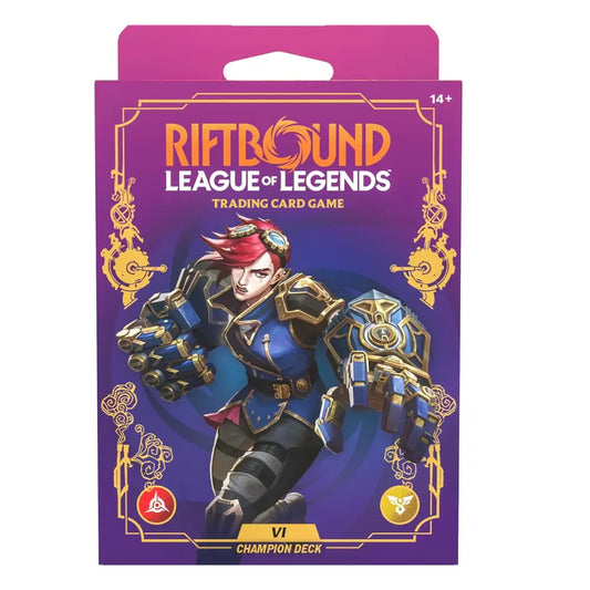 Riftbound League of Legends trading card game packaging with character illustration on a purple background