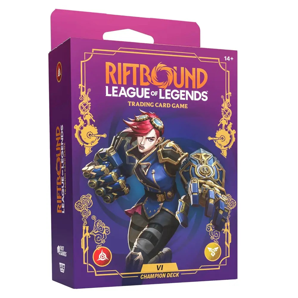 Riftbound League of Legends trading card game packaging with a character illustration on a purple background