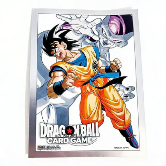Official Dragon Ball Super Card Game sleeves featuring high-definition artwork of Son Goku vs. Frieza with a silver metallic border by TCGVault.
