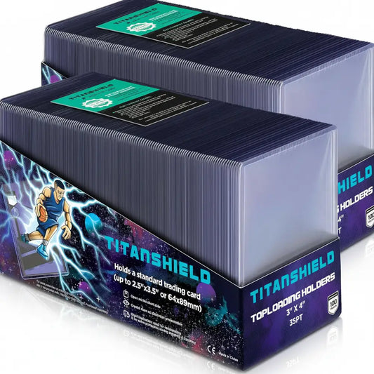 TitanShield Platinum Seamless Toploader packaging featuring high-clarity rigid protection for Pokémon, MTG, and K-Pop cards by TCGVault.