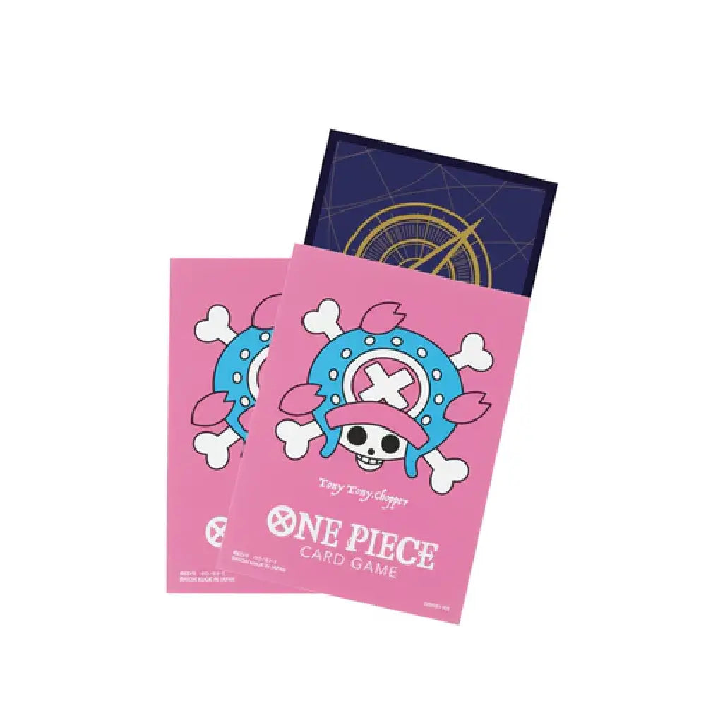 Official One Piece TCG pink card sleeves featuring the Tony Tony Chopper Jolly Roger and One Piece Card Game logo by TCGVault.