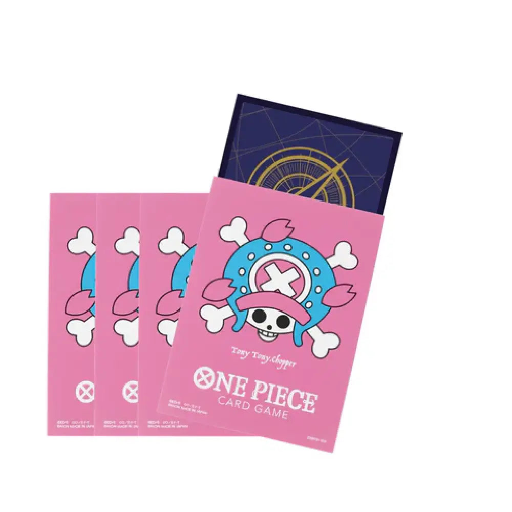 Fan of pink Tony Tony Chopper official card sleeves for One Piece TCG, showing high-quality printing and standard card fitment.