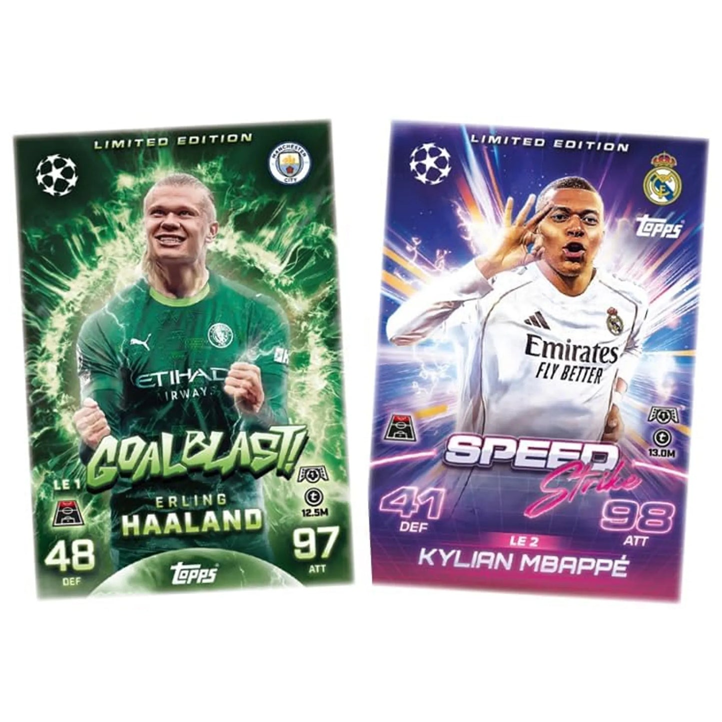 Exclusive Goalblast Erling Haaland and Speedstrike Kylian Mbappé Limited Edition cards from Topps UEFA Champions League Match Attax 2025/26 collection.