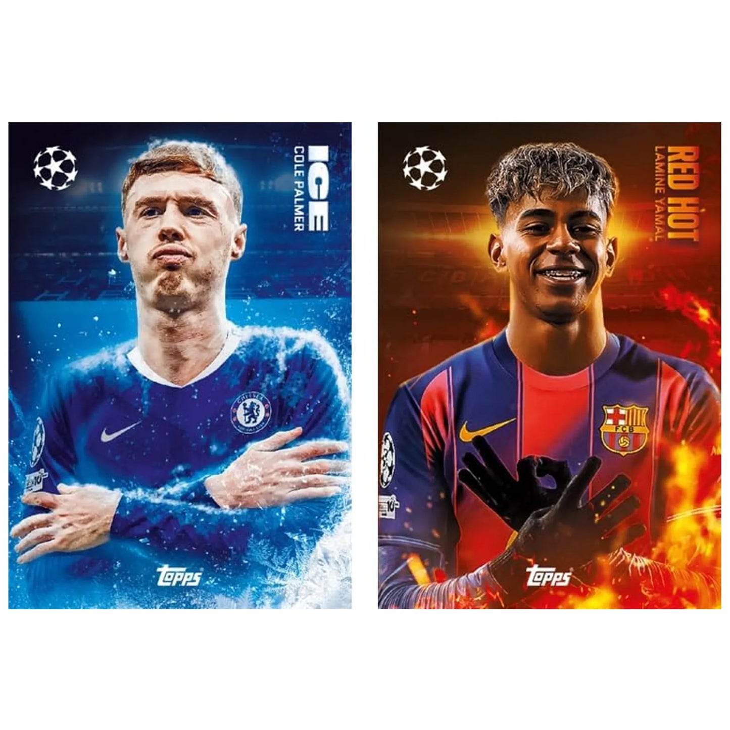 Topps Match Attax 2025/26 football trading cards featuring Lionel Messi, Cristiano Ronaldo, Harry Kane, Weston McKennie, and William Saliba.