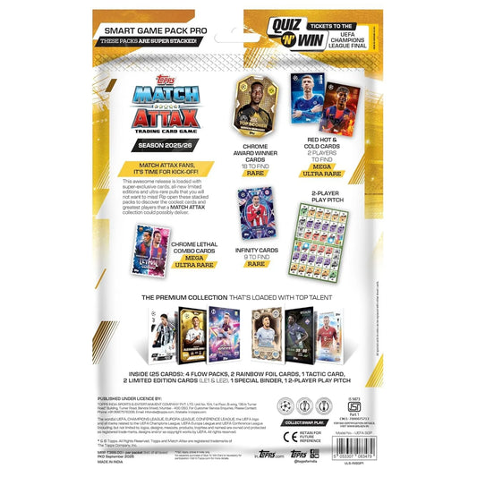 Back view of Topps Match Attax 2025/26 Smart Game Pack Pro showing pack contents, limited edition cards, play pitch, and exclusive football card inserts.