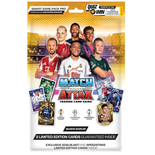 Topps UEFA Champions League Match Attax 2025/26 Smart Game Pack Pro featuring 2 guaranteed Limited Edition football cards, Goalblast and Speedstrike inserts.