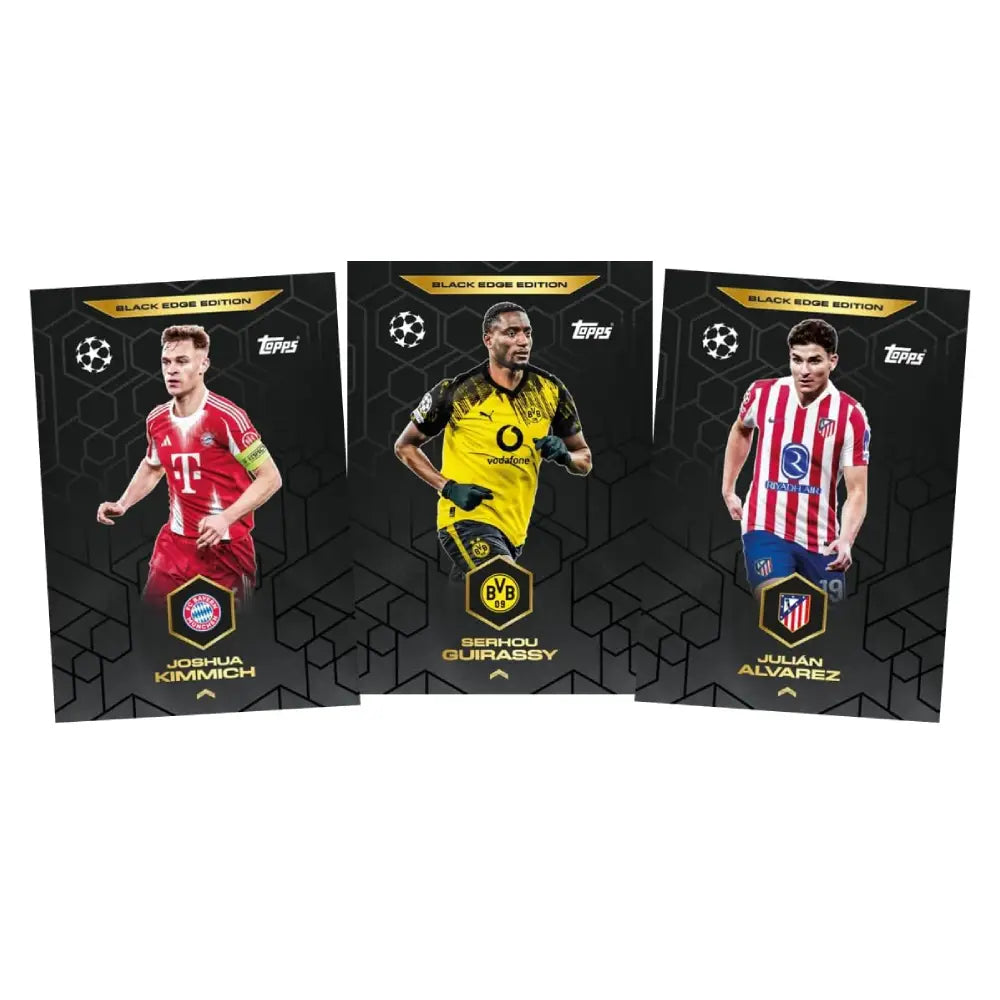 Three soccer player trading cards on a white background