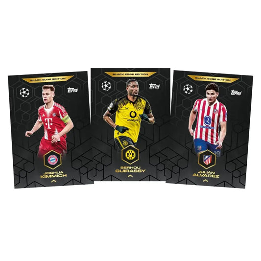 Three soccer player trading cards on a white background