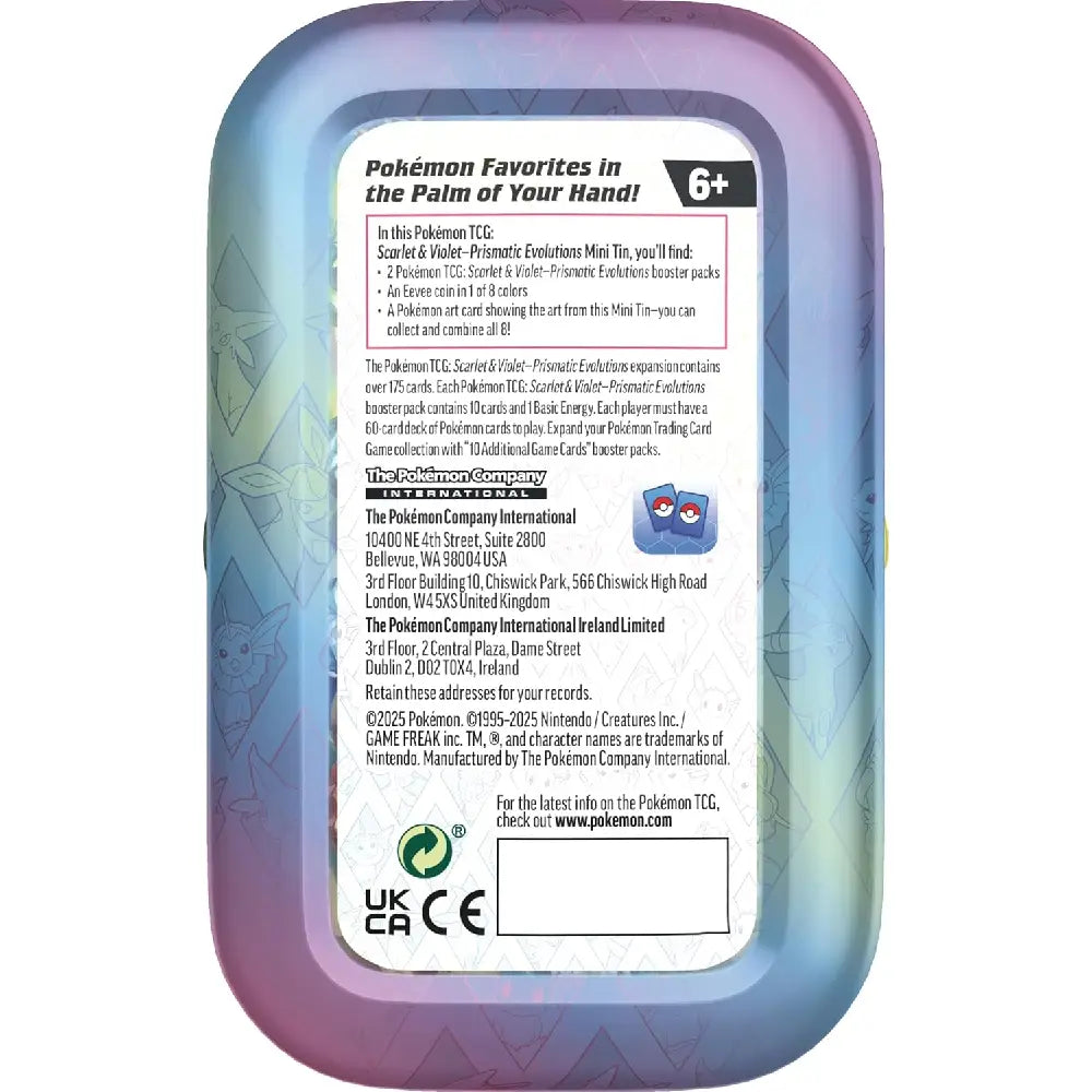 Pokemon Prismatic Evolutions Mini Tin Vaporeon back view showing contents and product information