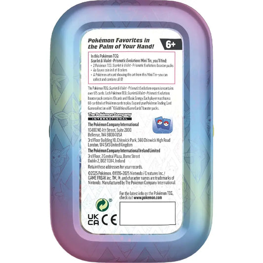 Pokemon Prismatic Evolutions Mini Tin Vaporeon back view showing contents and product information