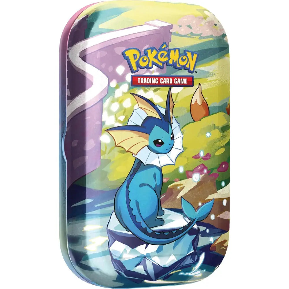Pokemon TCG Scarlet and Violet Prismatic Evolutions Mini Tin Vaporeon front view collectible tin