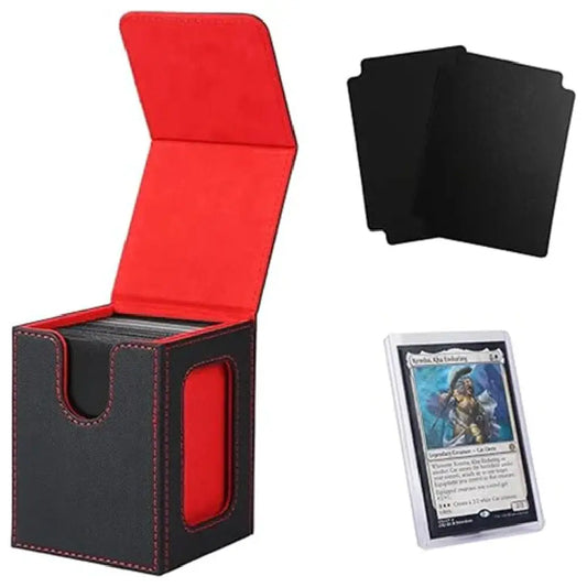 Black and red Venssu MTG Commander Deck Box featuring a premium textured leather exterior and secure magnetic flip lid - TCGVault.