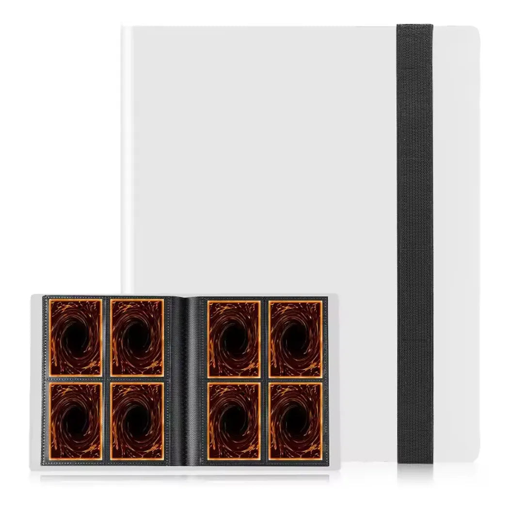 White binder with black strap containing a set of 4 square card holder