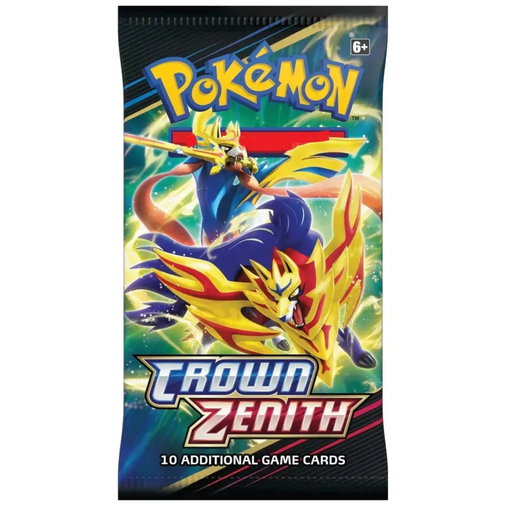 Pokémon TCG: Sword & Shield—Crown Zenith Booster Pack featuring Zacian artwork with 10 additional game cards.