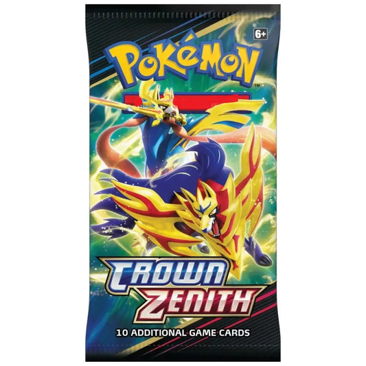 Pokémon TCG: Sword & Shield—Crown Zenith Booster Pack featuring Zacian artwork with 10 additional game cards.