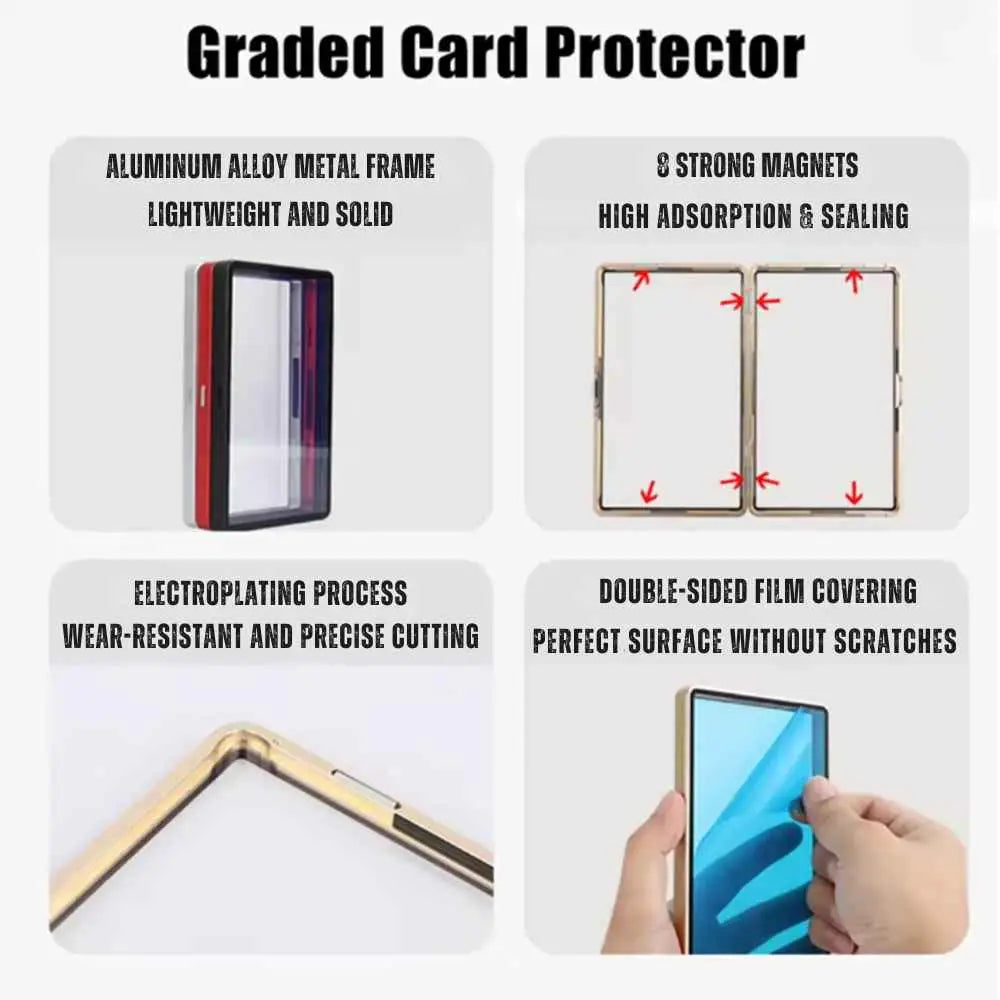 Infographic showing features of the aluminum alloy graded card protector including 8 strong magnets, electroplating process, and double-sided film covering.