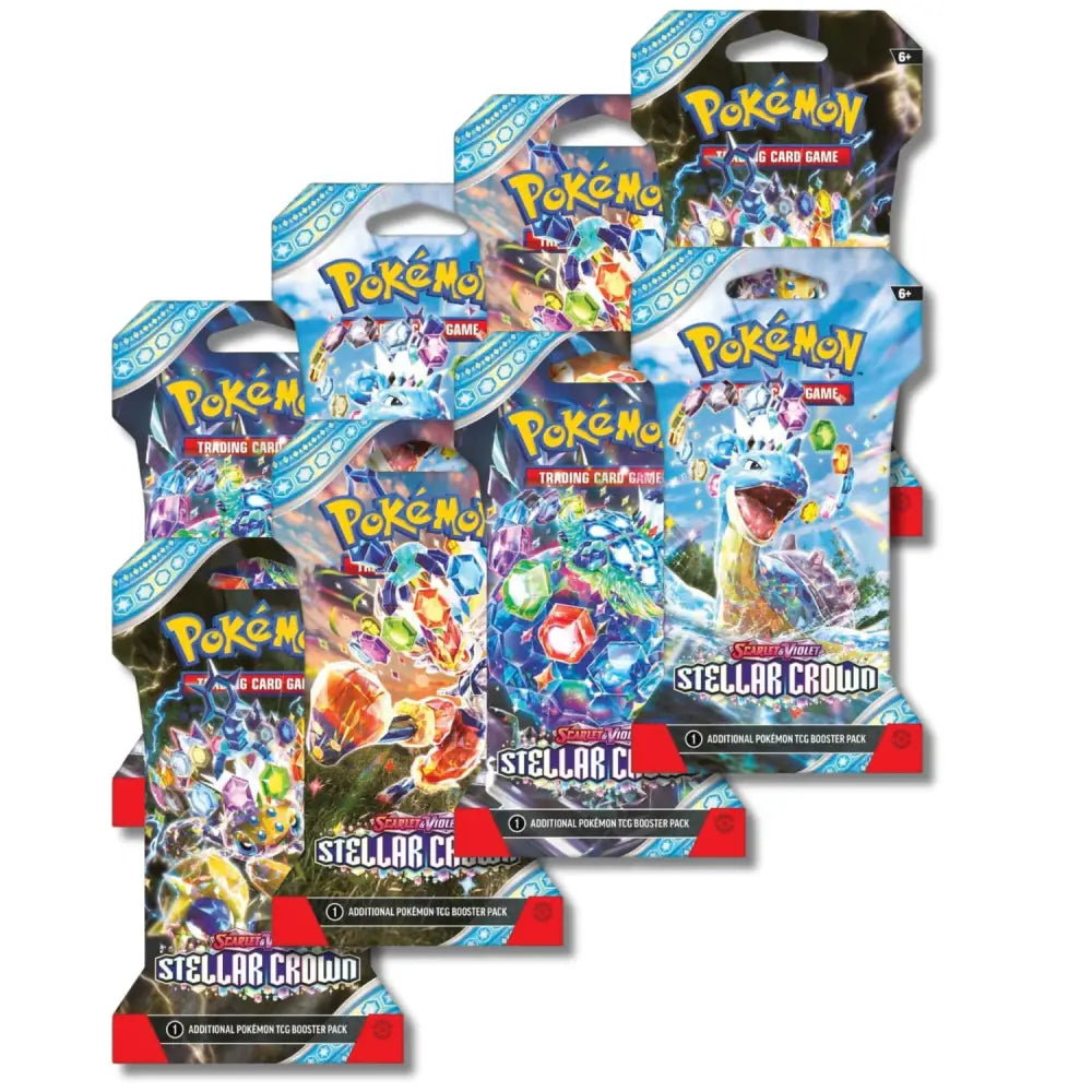 Pokemon TCG Scarlet & Violet Stellar Crown Sleeved Booster Packs assortment with multiple pack artworks