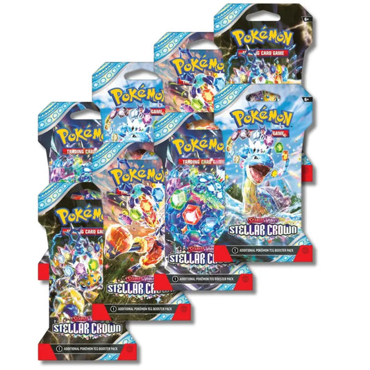Pokemon TCG Scarlet & Violet Stellar Crown Sleeved Booster Packs assortment with multiple pack artworks