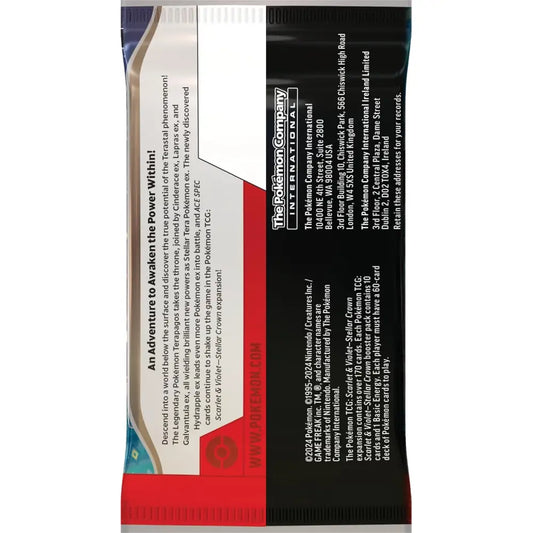 Pokemon TCG Scarlet & Violet Stellar Crown Booster Pack back view with product information – English Version | TCGVault