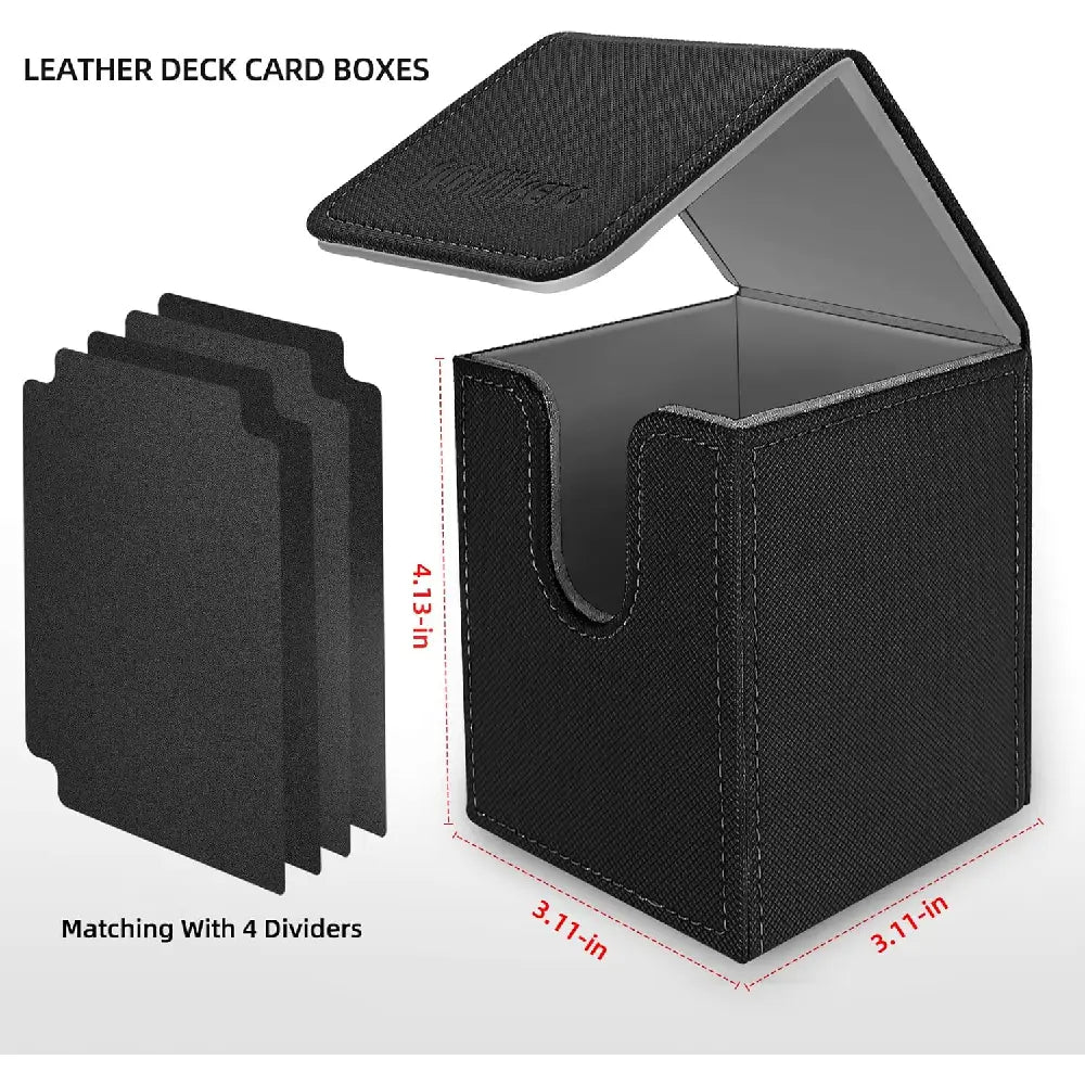 Mlikero leather deck box dimensions (4.13 x 3.11 x 3.11 inches) featuring four matching black card dividers for organized TCG storage.