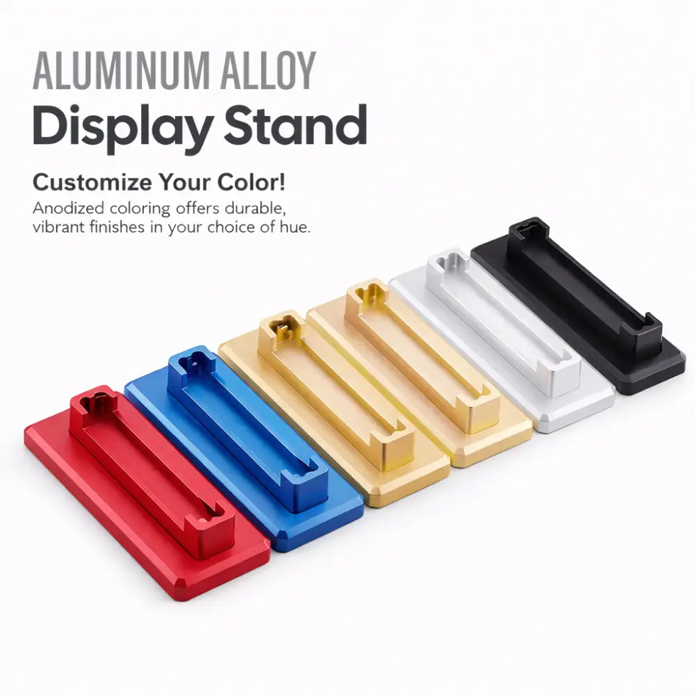 Anodized aluminum alloy display stands in red, blue, gold, silver, and black, featuring durable vibrant finishes for graded TCG card slabs.