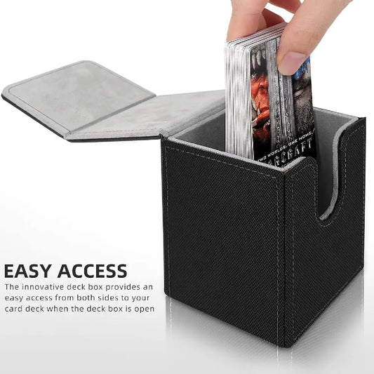 Close-up of Mlikero deck box showing easy access design for retrieving sleeved trading cards during TCG gameplay.