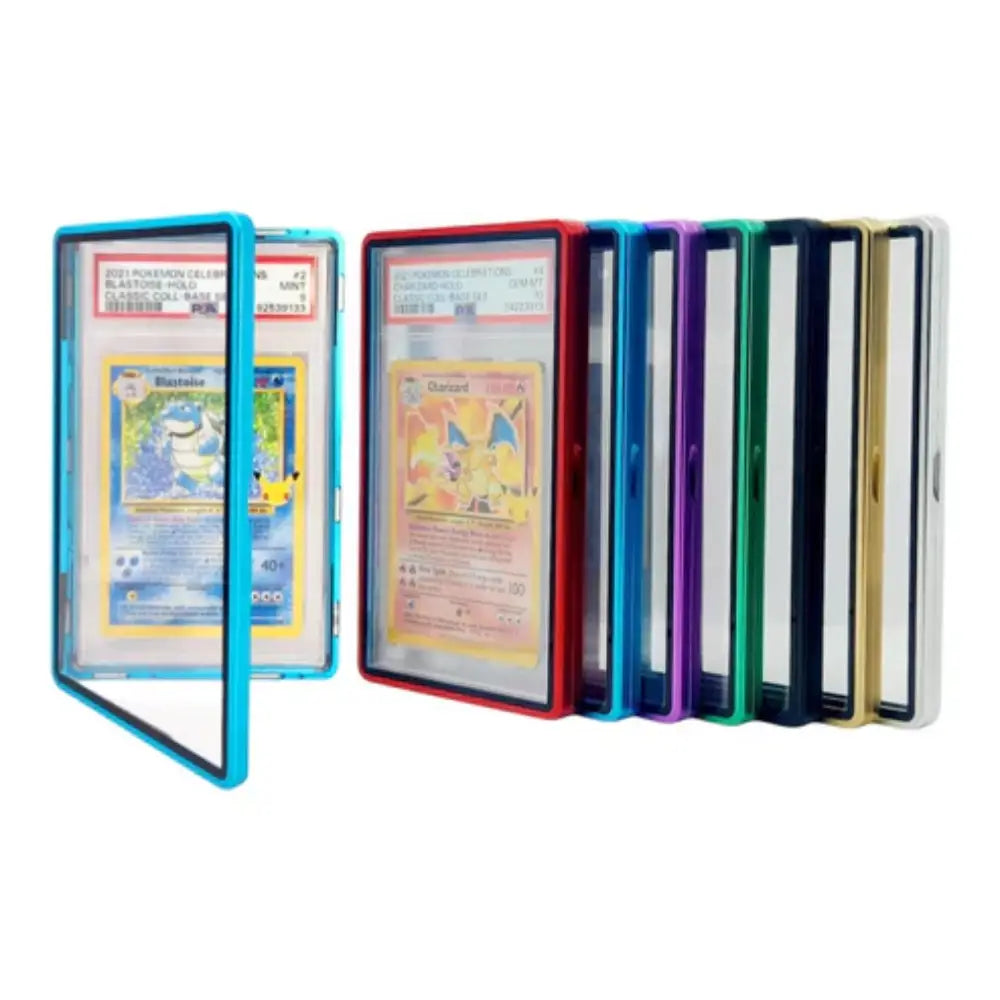 Close-up of a high-end magnetic metal frame card holder showing the secure interlocking seal and professional finish for graded slab protection.