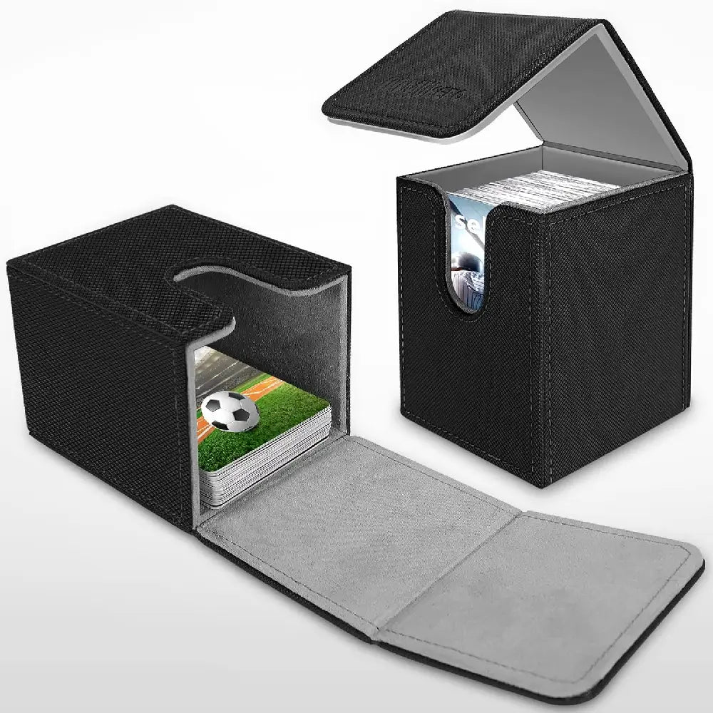 Mlikero premium leather magnetic deck boxes in black with grey microfiber lining showing horizontal and vertical card storage for TCG collections.