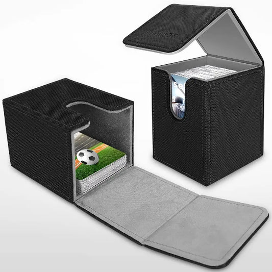 Mlikero premium leather magnetic deck boxes in black with grey microfiber lining showing horizontal and vertical card storage for TCG collections.