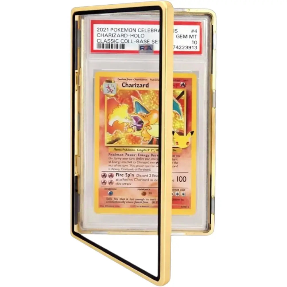 Exploded view of the magnetic metal frame slab case featuring UV-resistant acrylic panels and a shock-absorbent metal border for PSA and CGC cards.