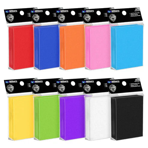 Pack of 100 Mlikero standard-size trading card sleeves, crystal clear and acid-free for Pokémon, MTG, and sports card protection.